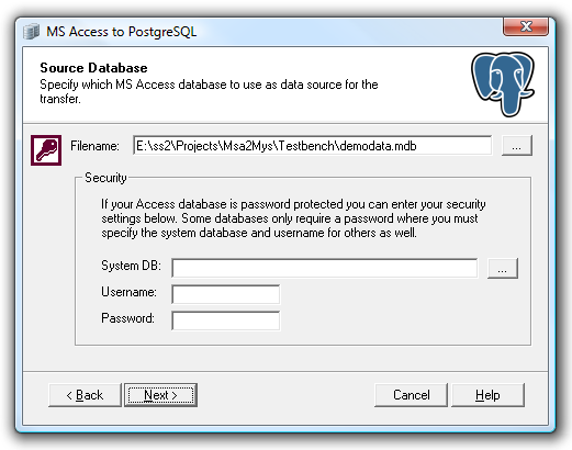 Select the Microsfot Access database to convert to PostgreSQL